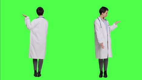 Woman-medic-does-web-advertisement-against-greenscreen-backdrop